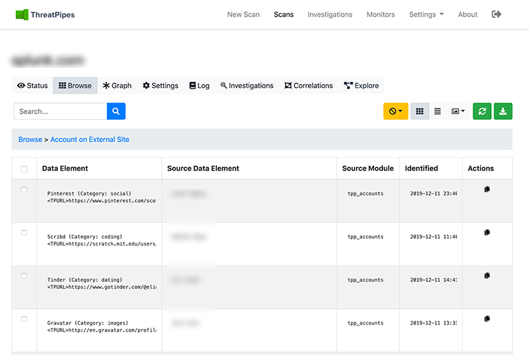ThreatPipes account module results ThreatPipes account module results